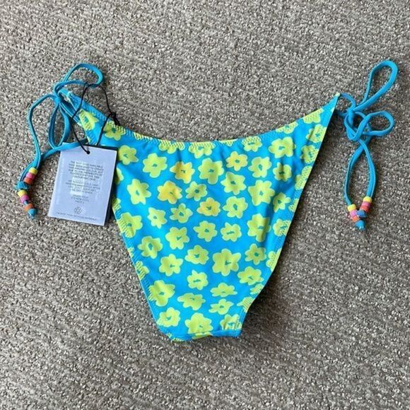 Free People x It’s Now Cool The 90s Tie-up Bikini Bottoms Blue Yellow Sz Large - Picture 4 of 7